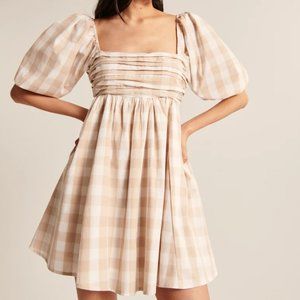 Abercrombie Ruched Bodice Puff Sleeve Mini Dress - Light Brown Check - SIZE L